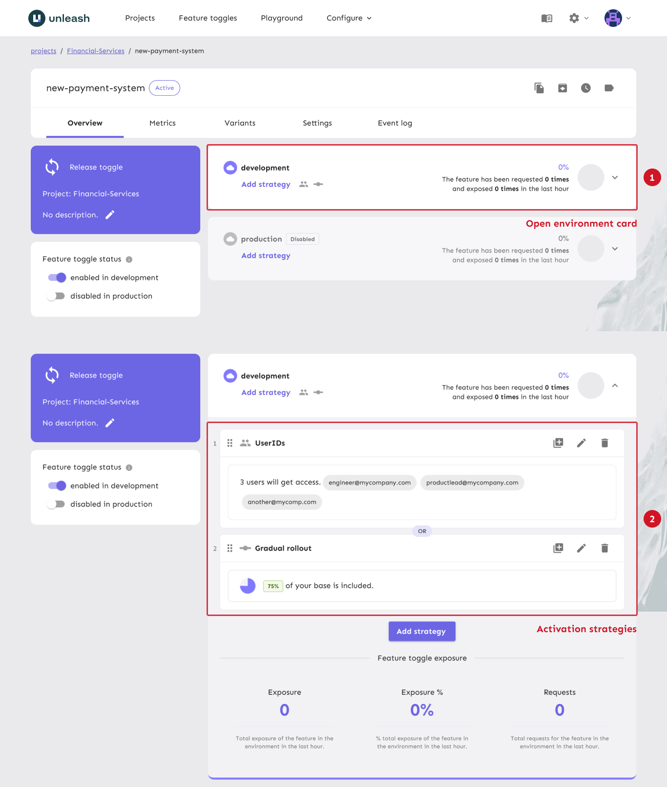 A feature flag strategies tab showing three different environments, of which one is active. The UI displays data about the currently selected environment, 